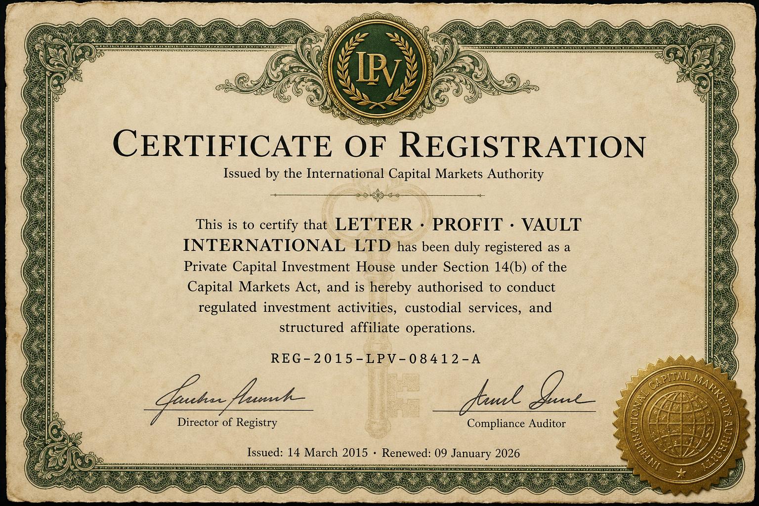 Letter Profit Vault — Certificate of Registration No. REG-2015-LPV-08412-A